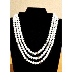 **Vintage Japan Glass Pearls and Crystal 3 Strands Necklace**